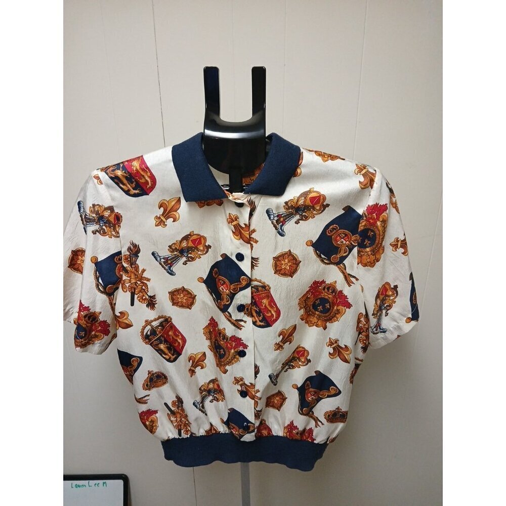 Vintage 80s 90s Lauren Lee Multicolor Top Womens Royal Crest Pattern Made in USA